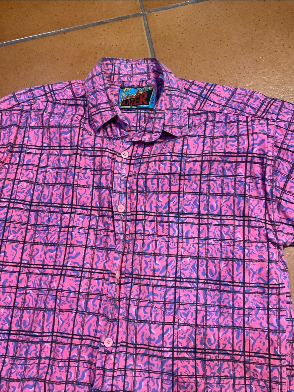 Vintage Blazer Abstract‎ Neon Pink Purple Button Up Shirt Memphis Print Small